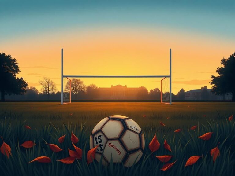 Flick International A vacant soccer field at Boston University during sunset with a weathered soccer ball surrounded by fallen leaves