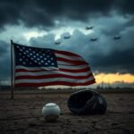 Flick International A silhouetted American flag waving against a stormy sky with baseball gloves and a ball on cracked ground.