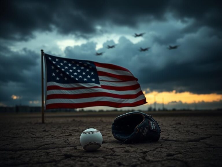 Flick International A silhouetted American flag waving against a stormy sky with baseball gloves and a ball on cracked ground.