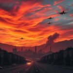 Flick International Dramatic Iranian landscape at dusk with Tehran skyline silhouette