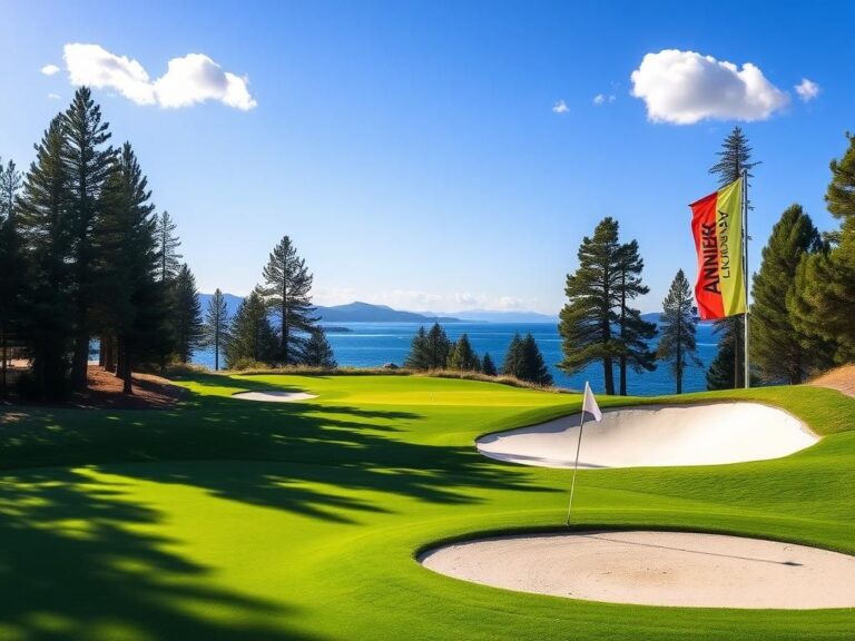 Flick International Serene view of Edgewood Tahoe Golf Club showcasing a golf course and Lake Tahoe