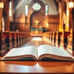 Flick International A serene church interior with a beautifully decorated pulpit and open Bible symbolizing faith