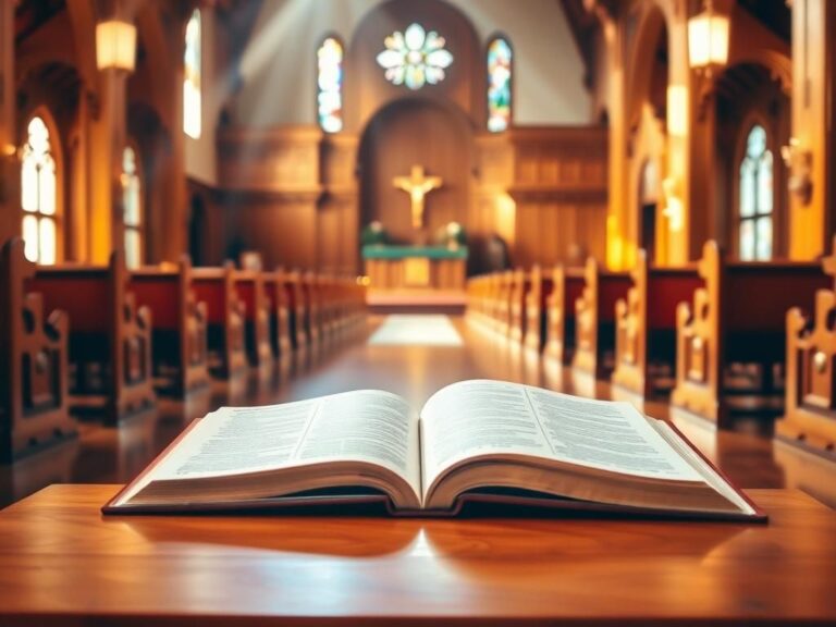 Flick International A serene church interior with a beautifully decorated pulpit and open Bible symbolizing faith