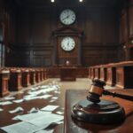 Flick International Courtroom scene with a gavel and empty jury box symbolizing legal proceedings