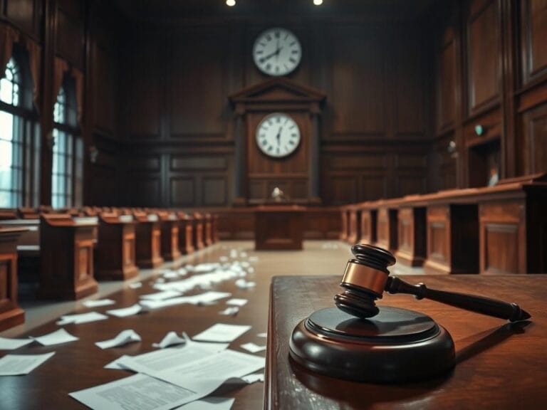 Flick International Courtroom scene with a gavel and empty jury box symbolizing legal proceedings
