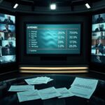 Flick International Dimly lit television studio with unlit screen reflecting ratings charts