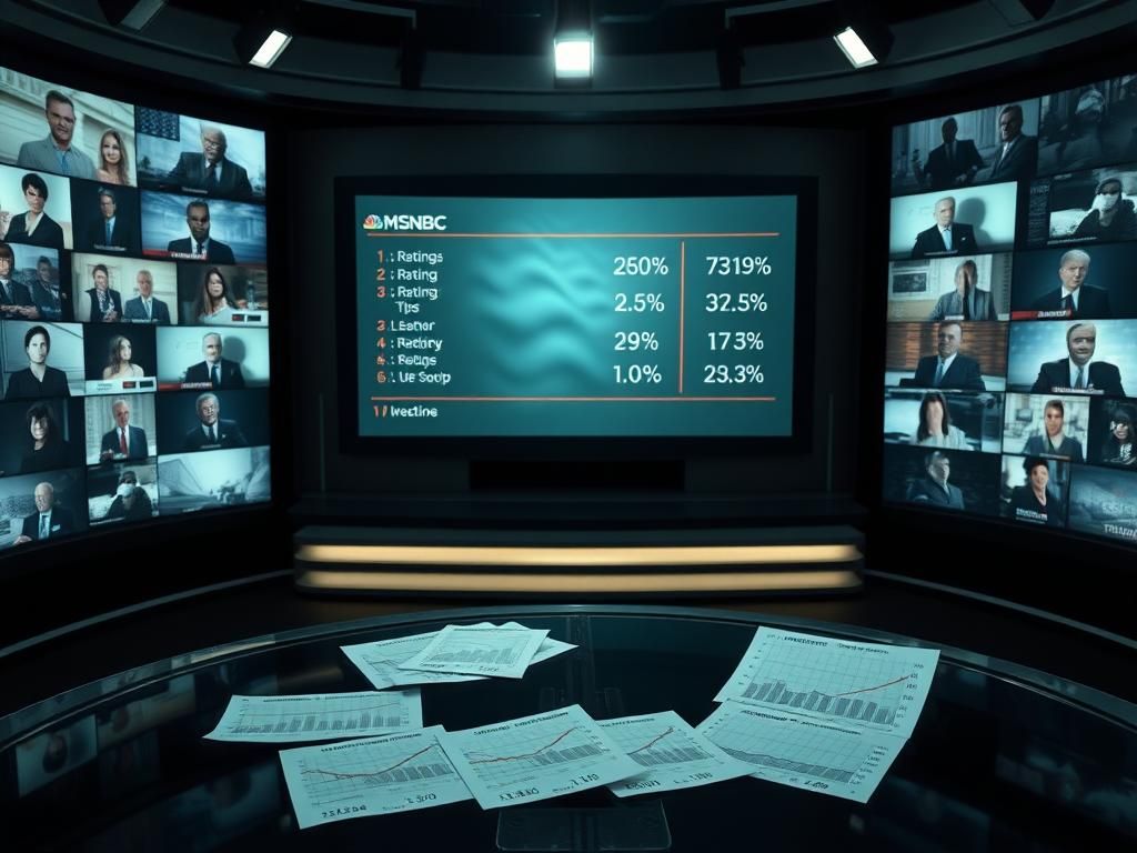 Flick International Dimly lit television studio with unlit screen reflecting ratings charts