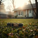 Flick International Golden retriever's collar lying on grass in a poignant backyard scene