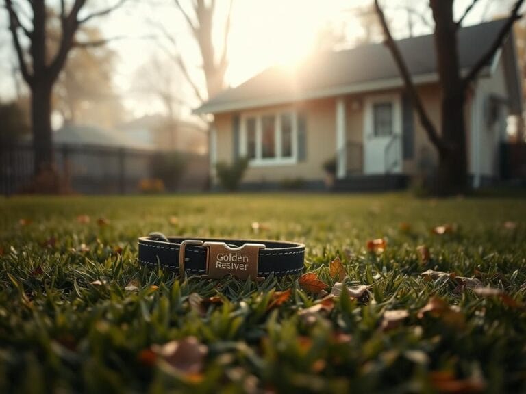 Flick International Golden retriever's collar lying on grass in a poignant backyard scene
