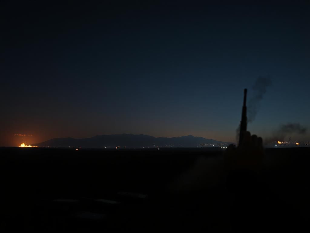 Flick International Dramatic night sky over a tense Middle Eastern landscape with communication devices scattered on the ground