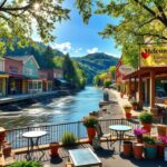 Flick International Quaint mountain town of Marshall, North Carolina, with the French Broad River and a thriving outdoor cafe.