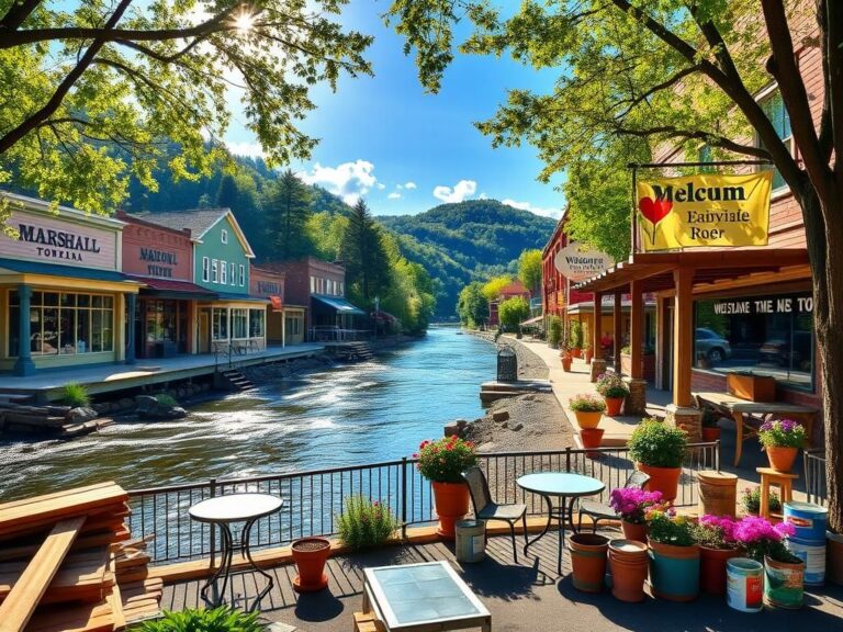 Flick International Quaint mountain town of Marshall, North Carolina, with the French Broad River and a thriving outdoor cafe.