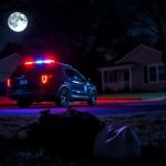 Flick International A dark suburban street with a black SUV and police emblem at night