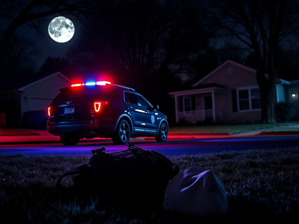 Flick International A dark suburban street with a black SUV and police emblem at night