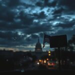 Flick International Dark urban landscape at dusk with shattered window and political symbols representing violence