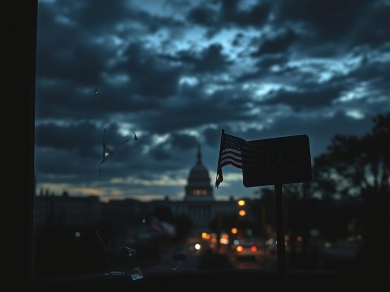 Flick International Dark urban landscape at dusk with shattered window and political symbols representing violence