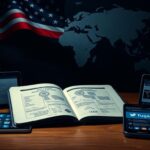 Flick International A large, imposing passport on a wooden desk surrounded by digital devices showcasing social media scrutiny