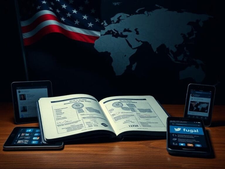 Flick International A large, imposing passport on a wooden desk surrounded by digital devices showcasing social media scrutiny