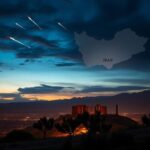Flick International Dramatic twilight scene over a Middle Eastern landscape with ancient ruins and olive trees