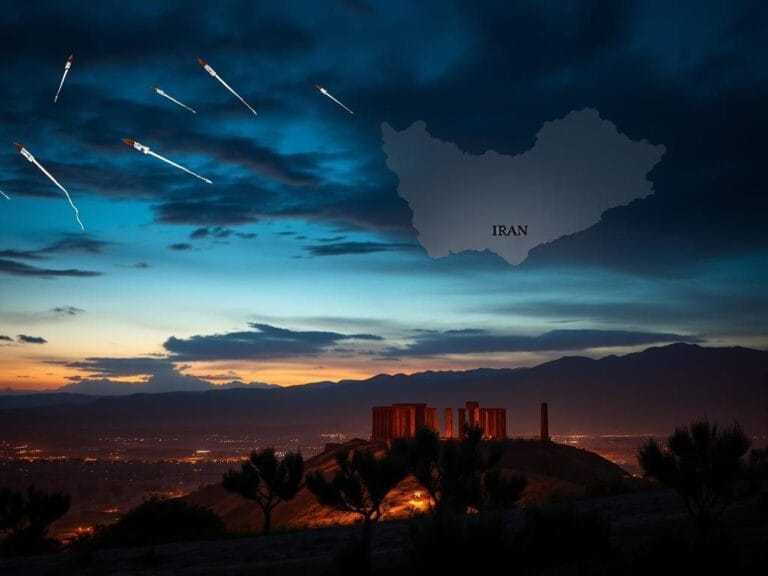 Flick International Dramatic twilight scene over a Middle Eastern landscape with ancient ruins and olive trees