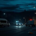 Flick International Empty urban landscape in California with unmarked government vans and military silhouettes