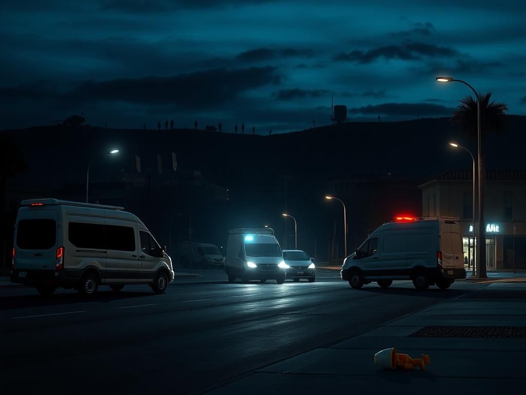 Flick International Empty urban landscape in California with unmarked government vans and military silhouettes