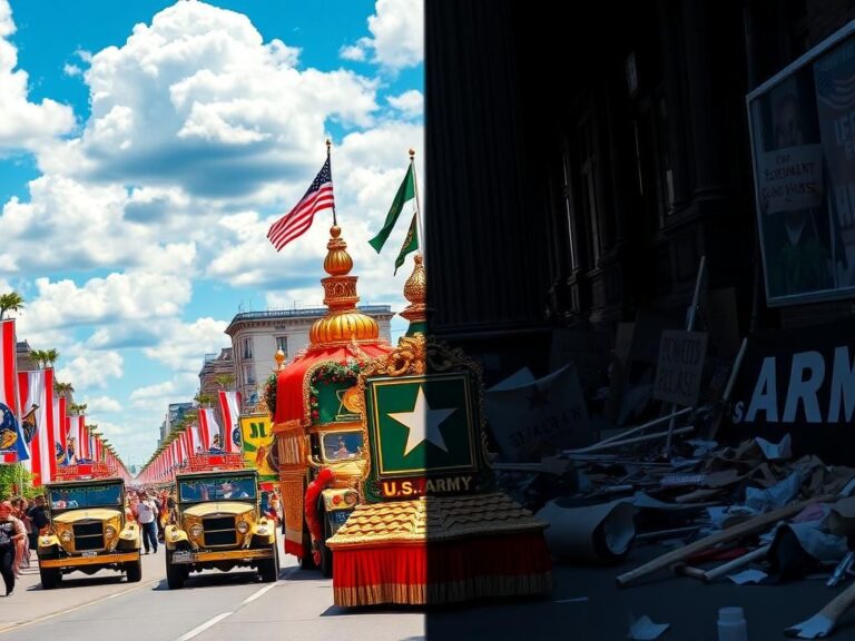 Flick International Majestic parade celebrating the Army's 250th birthday with vibrant flags and patriotic banners