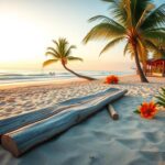 Flick International A serene oceanfront scene at sunrise with a weathered wooden plank symbolizing fitness achievement