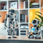 Flick International A cozy home workspace featuring HopeJR and Reachy Mini humanoid robots demonstrating home AI exploration.