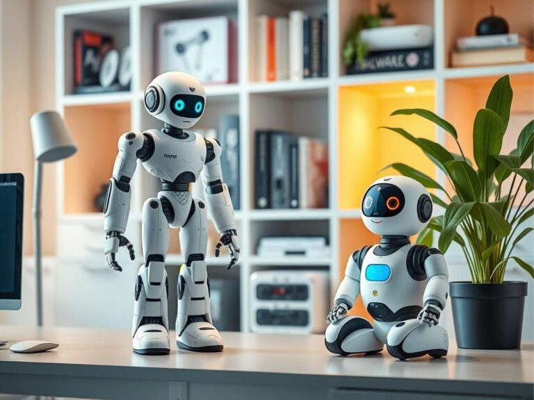 Flick International A cozy home workspace featuring HopeJR and Reachy Mini humanoid robots demonstrating home AI exploration.