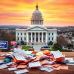 Flick International Vibrant scene of Virginia statehouse surrounded by political campaign signs and colorful ballots
