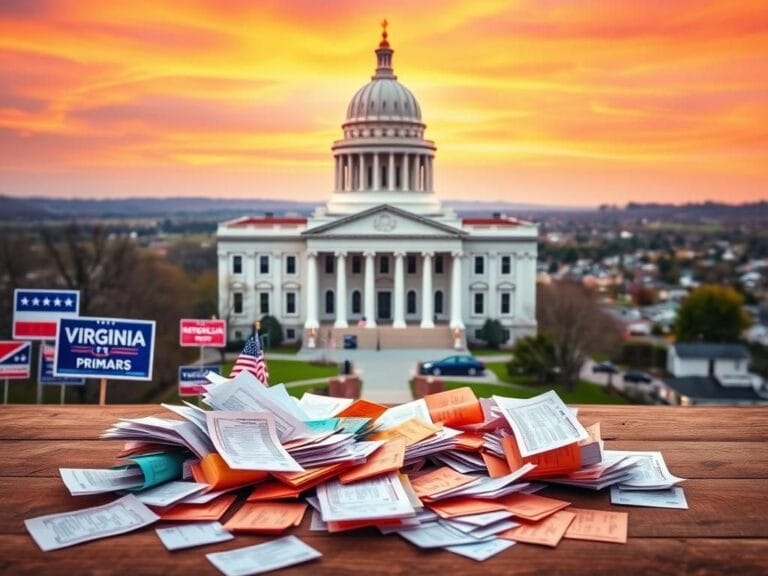 Flick International Vibrant scene of Virginia statehouse surrounded by political campaign signs and colorful ballots