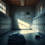 Flick International Empty school locker room with traditional and modern elements, showcasing muted lockers and sunlight casting shadows.