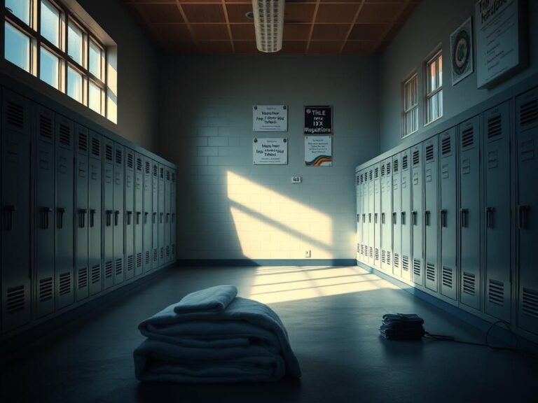 Flick International Empty school locker room with traditional and modern elements, showcasing muted lockers and sunlight casting shadows.