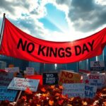 Flick International A vibrant protest scene featuring a colorful 'No Kings Day' banner against a city skyline