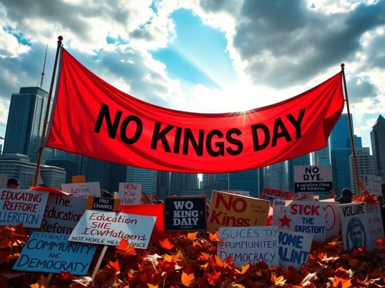 Flick International A vibrant protest scene featuring a colorful 'No Kings Day' banner against a city skyline