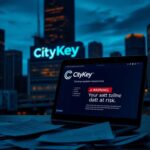 Flick International Chicago skyline at dusk with CityKey ID logo displayed on a digital board