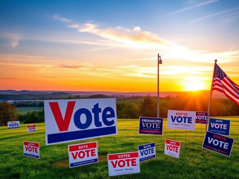 Flick International Vibrant political landscape with a large 'Vote' sign in a park, representing New Jersey's gubernatorial primary
