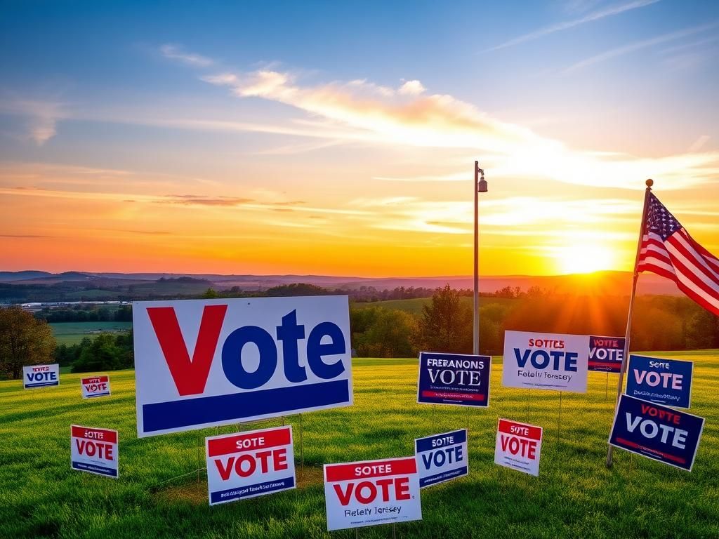 Flick International Vibrant political landscape with a large 'Vote' sign in a park, representing New Jersey's gubernatorial primary
