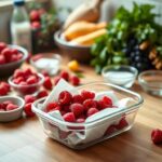 Flick International Fresh raspberries stored in a glass container on a wooden countertop
