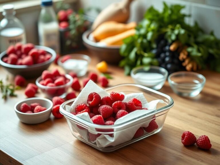 Flick International Fresh raspberries stored in a glass container on a wooden countertop