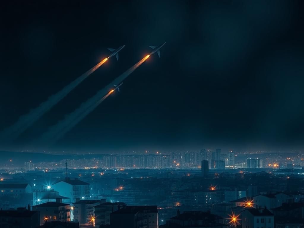 Flick International Aerial view of the illuminated Israeli skyline at night with missile interception systems