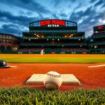 Flick International Twilight scene at Fenway Park featuring a baseball diamond and the Green Monster in the background