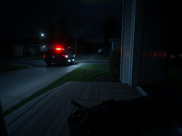Flick International Dark suburban street scene with tactical vest and emergency vehicle at night