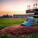 Flick International A serene baseball field at dusk with a pitcher's mound and a New York Mets baseball cap