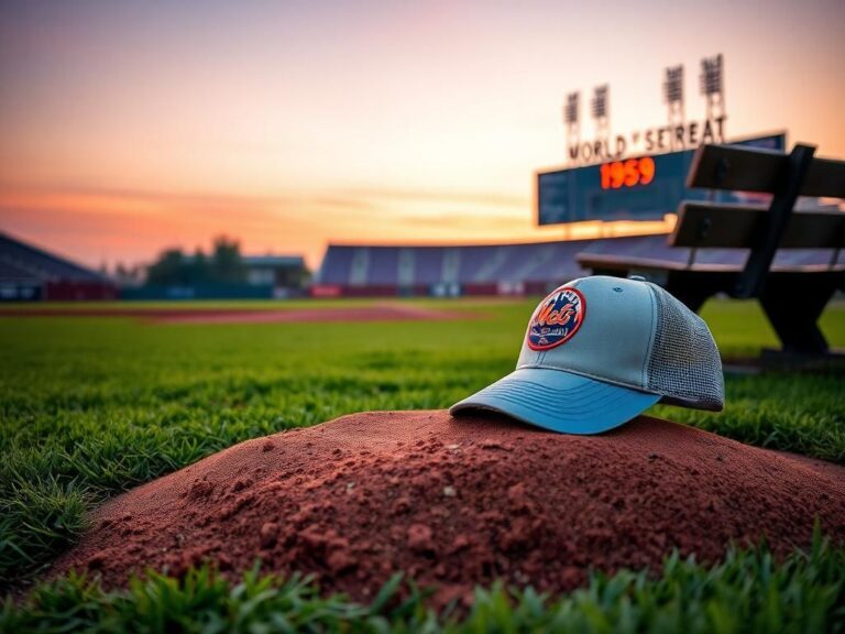 Flick International A serene baseball field at dusk with a pitcher's mound and a New York Mets baseball cap