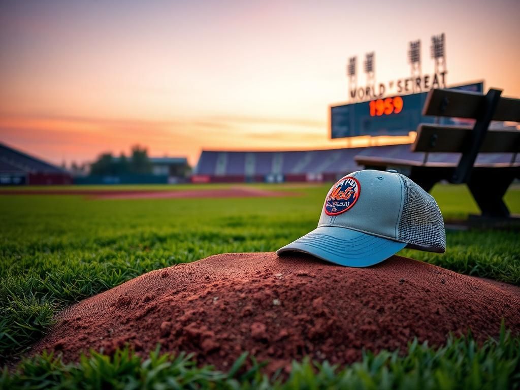 Flick International A serene baseball field at dusk with a pitcher's mound and a New York Mets baseball cap