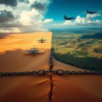 Flick International Aerial view of contrasting landscapes depicting conflict and hope with storm clouds and a blue sky.
