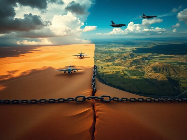 Flick International Aerial view of contrasting landscapes depicting conflict and hope with storm clouds and a blue sky.