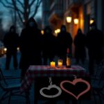 Flick International Dimly lit urban street scene with romantic outdoor dining setup overshadowed by intimidating masked figures